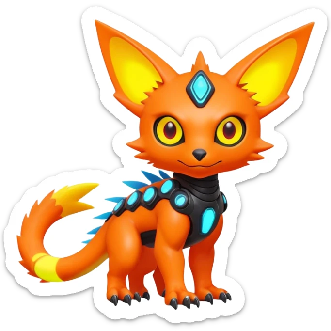 Tropical futuristic lush warm-colored modern colorful neon-colored cyber-Fakémon-Digimon-Trico-creature sticker