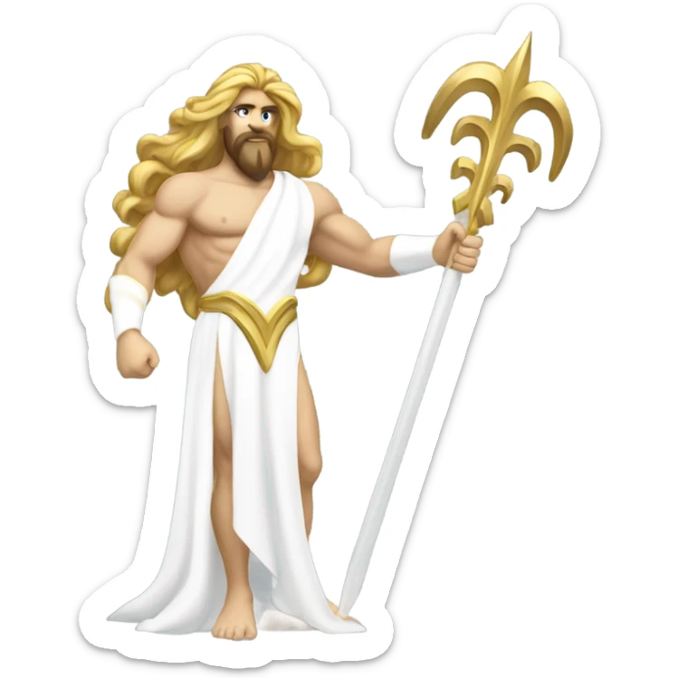 white Poseidon with gold Trident. long hair white dress. show biceps sticker