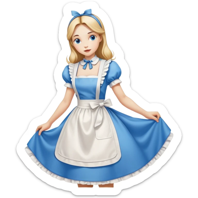 Alice in Wonderland curtseying in her blue dress with white apron sticker
