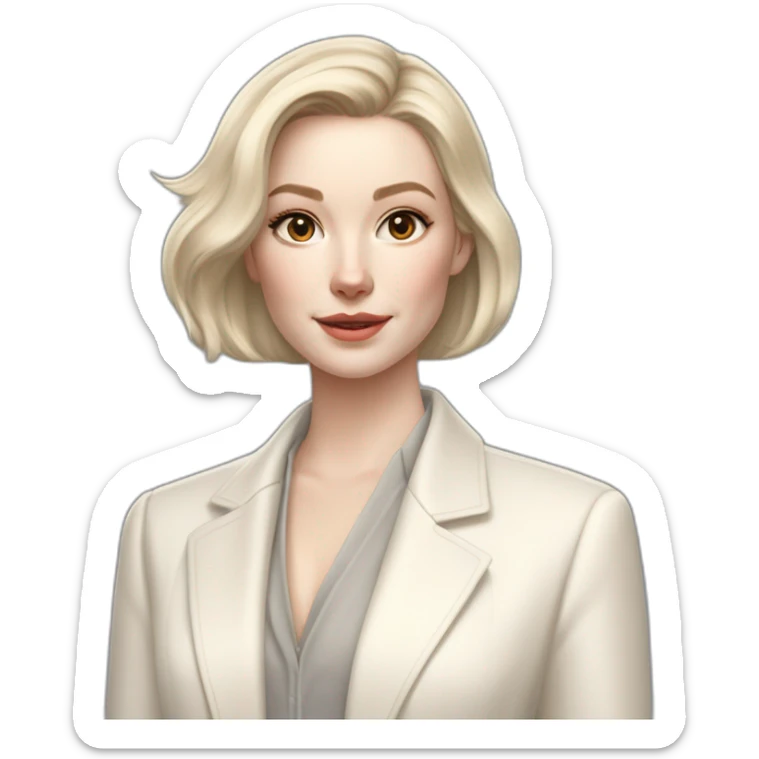 pale skin woman with ash blonde Straightened bob Hair, White Spacious classical jacket, beige palazzo Arrow pants and gray blouse holding white IPhone 15 pro in the hands sticker