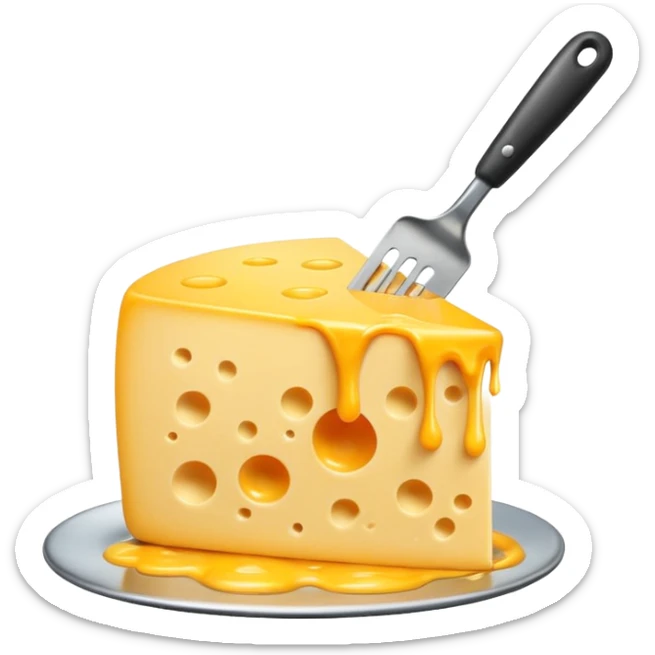 a half vertical wheel of cheese being scraped with a metal spatula, melted cheese flowing, modern emoji style, clean, transparent background sticker