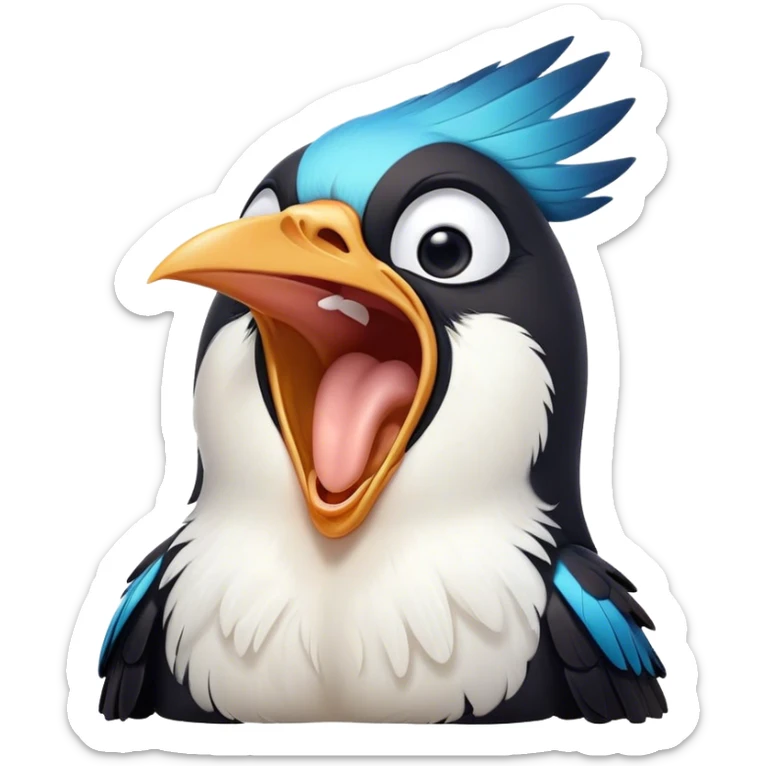 Cinematic Cute Yawning Magpie Portrait Emoji, Head tilted slightly with a dramatic, wide-open yawn, showcasing a sleek, contrasting feathered form with softly drooping wings and sleepy, half-closed eyes, Simplified yet irresistibly adorable features, highly detailed, glowing with a soft, cozy urban glow, high shine, relaxed yet expressive, stylized with a dash of whimsical charm, soft glowing outline, capturing the essence of a drowsy yet affectionate magpie that appears ready to stretch out for a nap! sticker