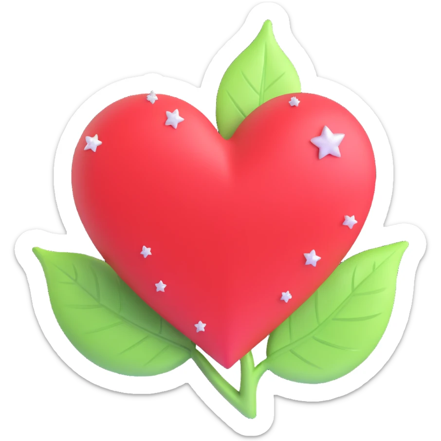3D icon of a heart with sparkles and a leaf, symbolizing natural beauty and selfcare, clean and fresh look sticker
