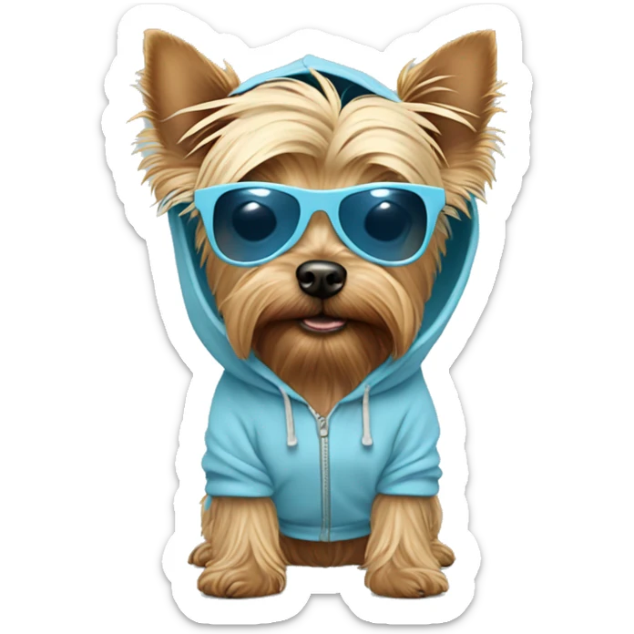 Yorkshire terrier dog with a pastel blue hoodie and pastel blue sunglasses sticker