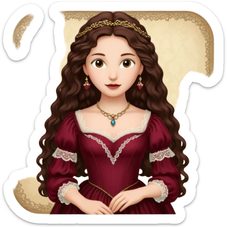 Renaissance lady – long dark brown wavy hair, burgundy gown with lace neckline sticker