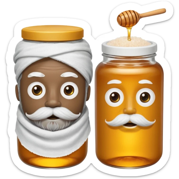 Garama and Madundung are together a gray container of salt and a honey container with a cloth on top. They each have eyes with white in the middle, a mouth, nose, and mustache both customary to their colors. They have hairy legs and emit an aura of salt (Garama), and honey (Madundung). sticker