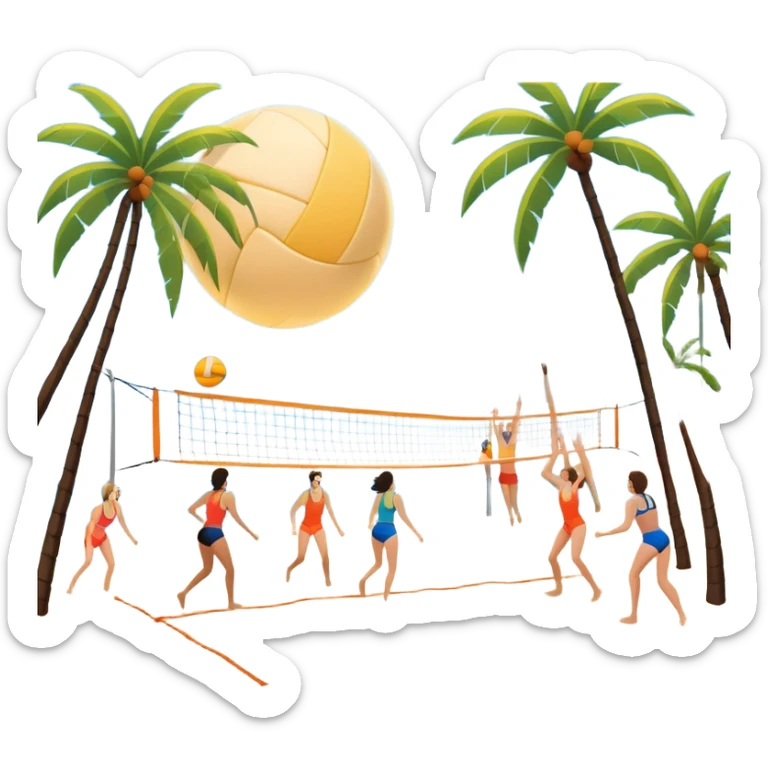 The scene captures a sunny beach atmosphere with clear blue sea and sky, palm trees swaying, and people in swimsuits enjoying the vibrant surroundings. A volleyball resting on the orange sand ground of a beach, with a volleyball net in the background.  sticker