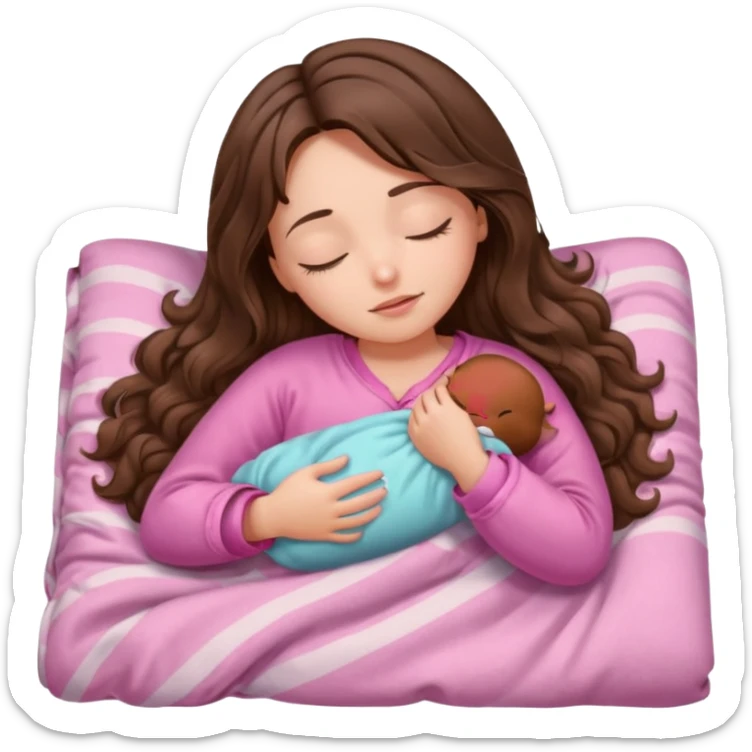 girl brunette inside a blanket sleeping  eyes closed with long  brown wavy hair and pink pjs sticker