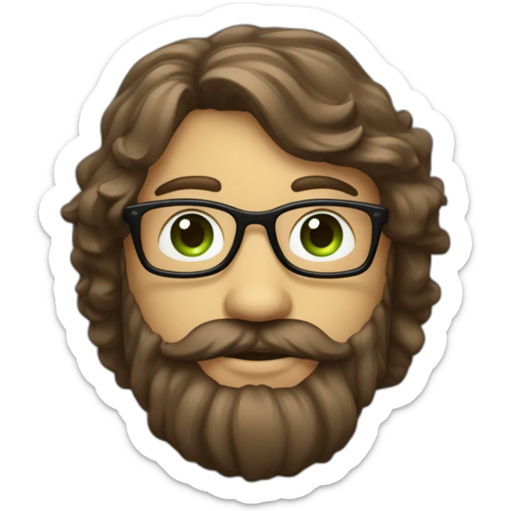 Une visage d’un homme cheveux mi-long un peu ondulée de couleur brun, avec des yeux vert, une barbe bien taillé pas grosses et des lunettes assez fines  sticker