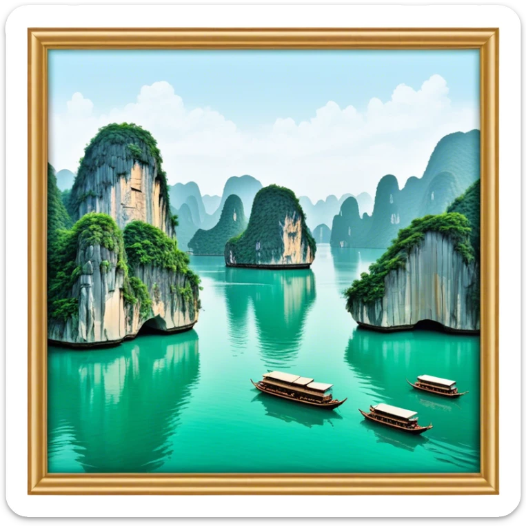 Cinematic Realistic Ha Long Bay Landscape Emoji, depicted with limestone karsts emerging from emerald waters rendered with intricate detail and dynamic natural lighting. sticker