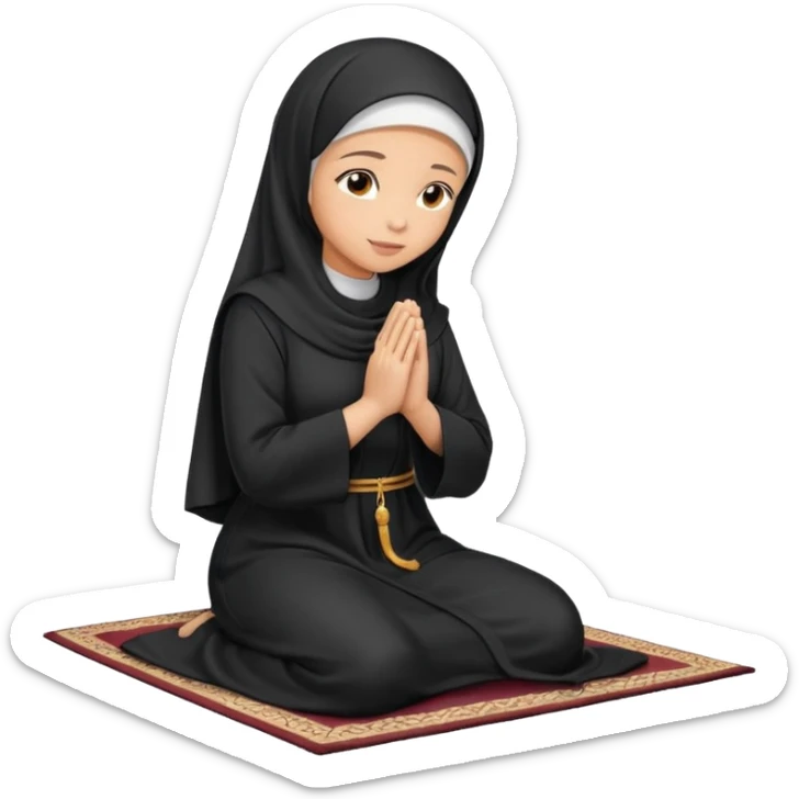 Light skin Muslim woman in plain black abaya side profile praying on prayer mat  holding up hands to god sticker
