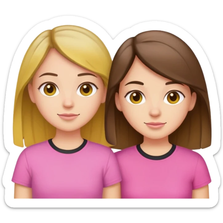 Two best friends one light brunette and the other brunette’s with highlights. Both are white. The first one is wearing a yellow shirt and the other a pink  sticker