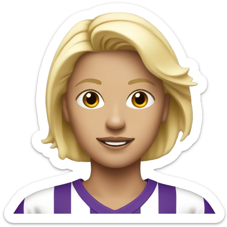 a blonde woman in white soccer jersey with purple pinstripes sticker