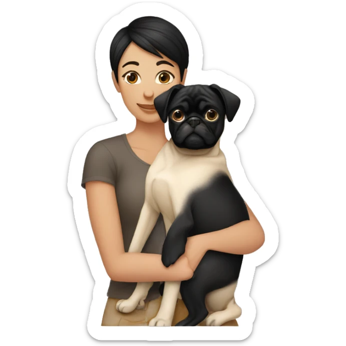Lesbian woman Black short hair causacian sking hugging a pug sticker
