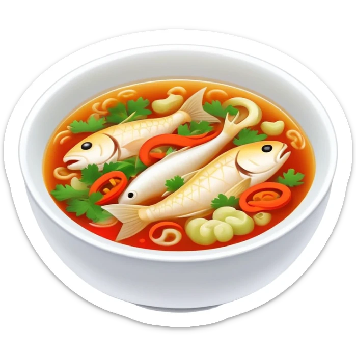 Guizhou sour fish soup with pickled vegetables, simplified emoji style with bold outlines and bright colors, cartoon style spicy sour fish dish sticker