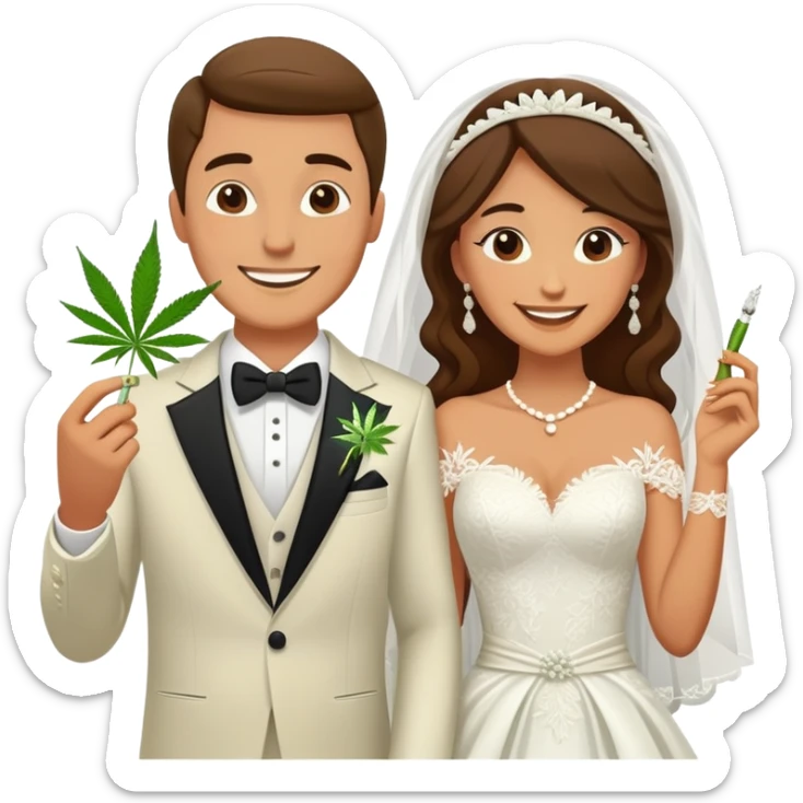 Newlywed couple, bride and groom, full body, sharing a cannabis joint at wedding sticker