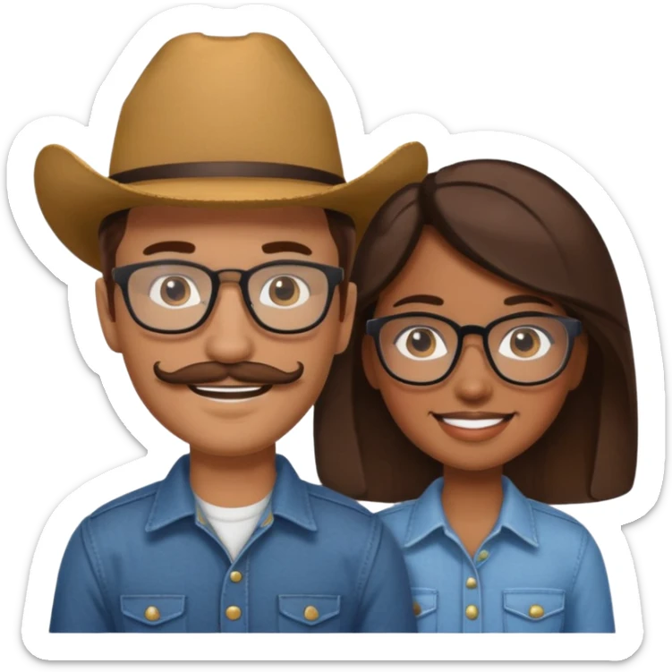 White brown cow boy with glasses and mustache with black girl sticker