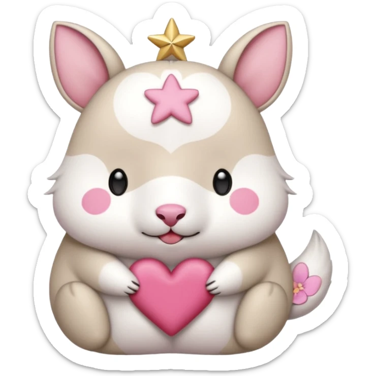 GENERATE ME A MOMONGA WHITE ANIMAL  FROM CHIIKAWA AND PUT A SAKURA FLOWER ON HIS HEAD AND A STAR PELT ON HIS BELLY AND A HEART PURSE ON HIS ARM WITH HIS FACE MAKE HIS TOUNGE STICK OUT WITH A LITTLEPINCH OFDROOL AND MAKE HIM ANIME STYLED ART sticker
