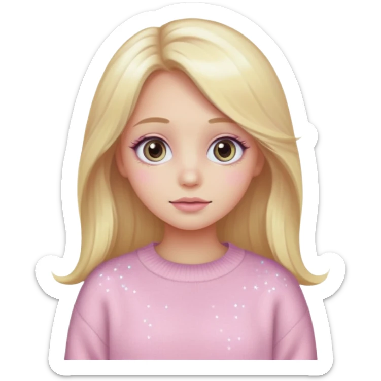 “Emoji girl, pastel pink blush, sparkly wide eyes,  oversized pastel sweater long blonde hair.” sticker