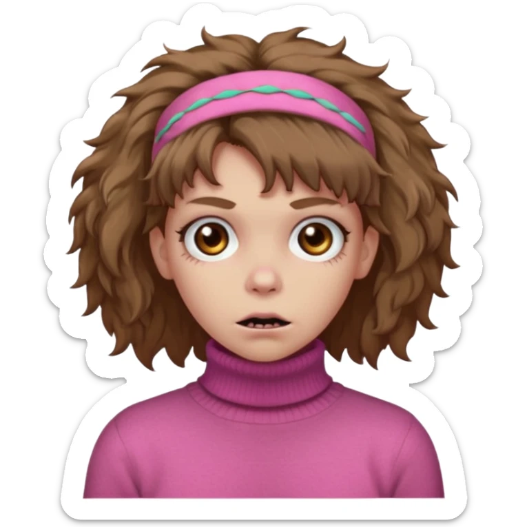 brown fluffy haired zombie with pink turtleneck sweater and hair band sticker