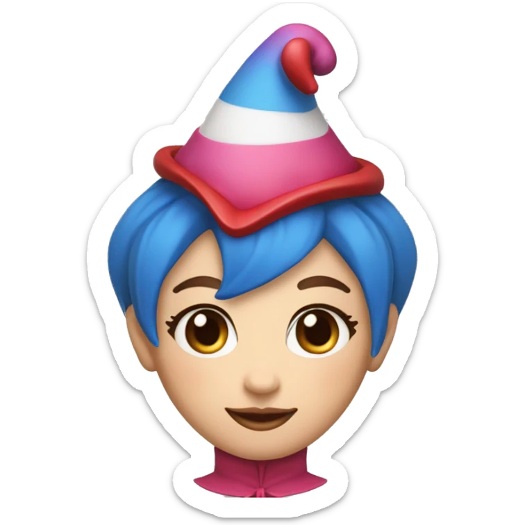 A jester with a round white head,pink blush – red and blue pinwheel eyes and a red and blue jester outfit. her pupils are red and blue pupils. She has a jester hat, and brown short hair sticker