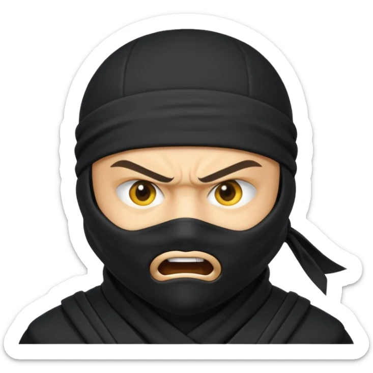 angry ninja face emoji, classic yellow emoji style, all black ninja mask, no mouth, intense eyes, black ninja headband tie sticker