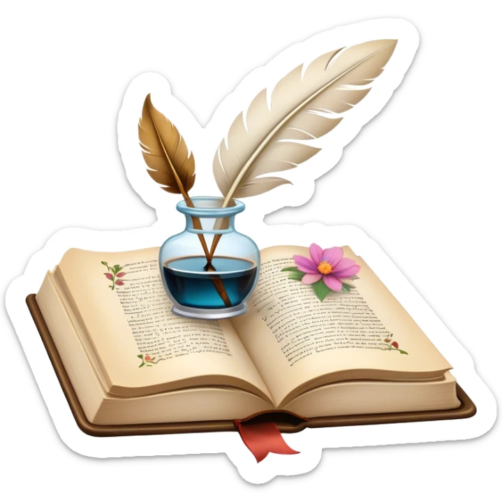 Icon for Poetry Reading: an open book with flowing verses on the pages, surrounded by a quill, ink bottle, and delicate flowers. The icon should evoke the beauty and emotion of poetry. Transparent background. sticker