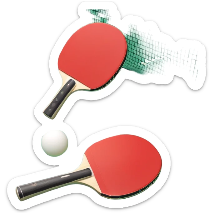 Two table tennis paddles and a ball placed on a ping pong table, with the net in the background. The scene conveys the simplicity and focus of the sport, with vibrant colors highlighting the rackets and ball on the smooth surface of the table. sticker