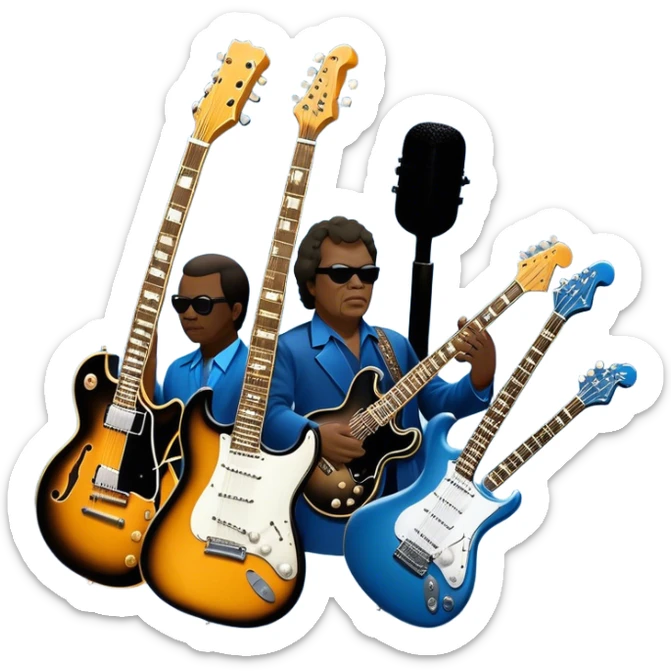 Icon for Blues Music: collage of legendary blues artists. Gary Moore, Eric Clapton, B.B. King and Joe Cocker. Represented by silhouettes or symbolic items like guitars, microphones, or music notes, reflecting the soulful energy of blues music. Transparent background. sticker