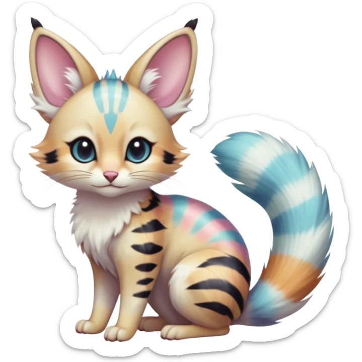  cute adorable whitish pastel fur with random colorful markings iridescent beautiful elegant pretty precious cute  Fakémon-Pokémon-alien-opossum-feline-serval-caracal-chinchilla-Minccino-hybrid-creature with a big fluffy bushy striped tail (full body) sticker