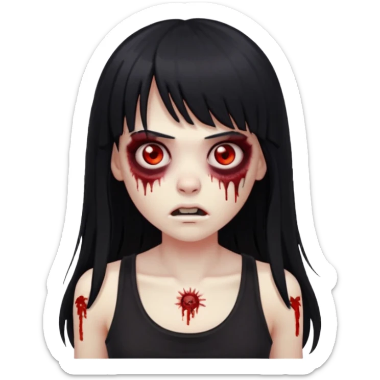 Zombie emoji with long black hair and bangs, big red eyes, small nose, and a simple black tank top. sticker