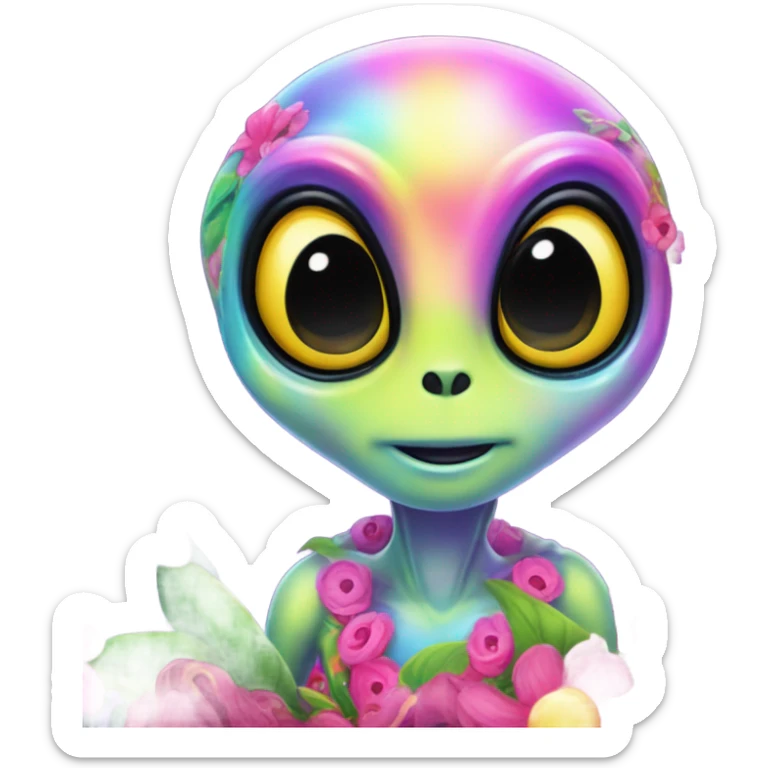Lisa frank alien with big head and big black eyes with flowers sticker