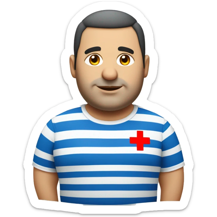 chubby middle-aged Lebanese man, wearing a t-shirt with horizontal blue and white stripes and a red cross on the upper right side of the shirt sticker