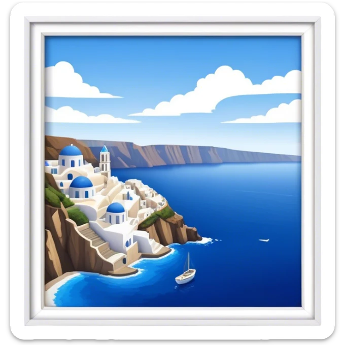 Cinematic Realistic Santorini Caldera Landscape Emoji, depicted with dramatic white‚Äêwashed cliffs overlooking a deep blue sea rendered with crisp textures and radiant lighting. sticker