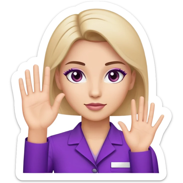 A woman raising her hand, wearing a purple beauty salon work uniform with a professional appearance sticker