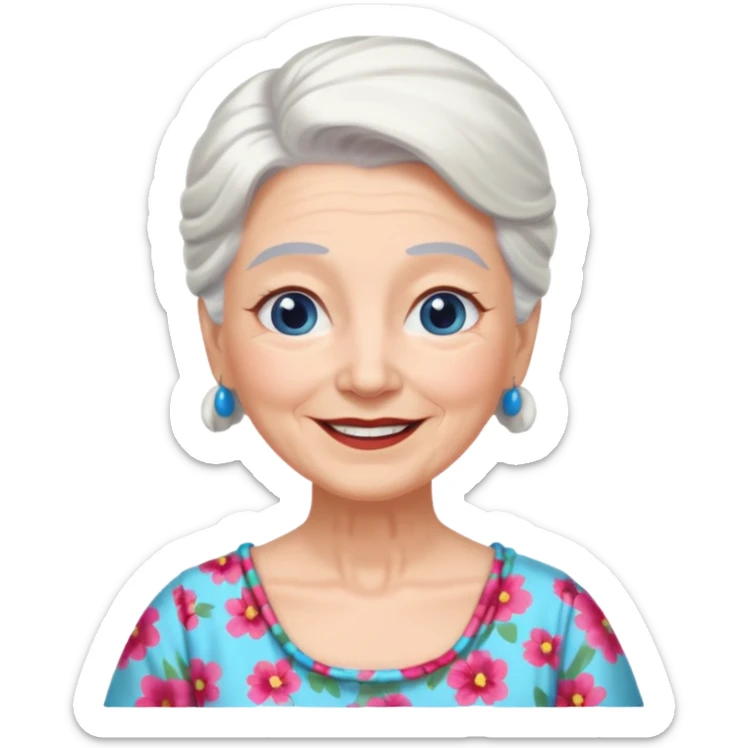 abuela con ojos azules, pelo blanco, pelo blanco y amarrado, aspecto feliz sticker