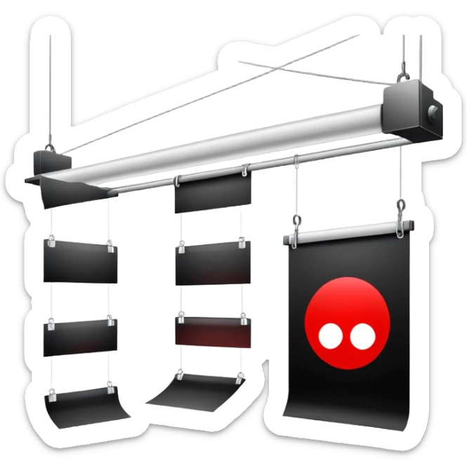 Darkroom with red safelight and hanging film negatives drying sticker