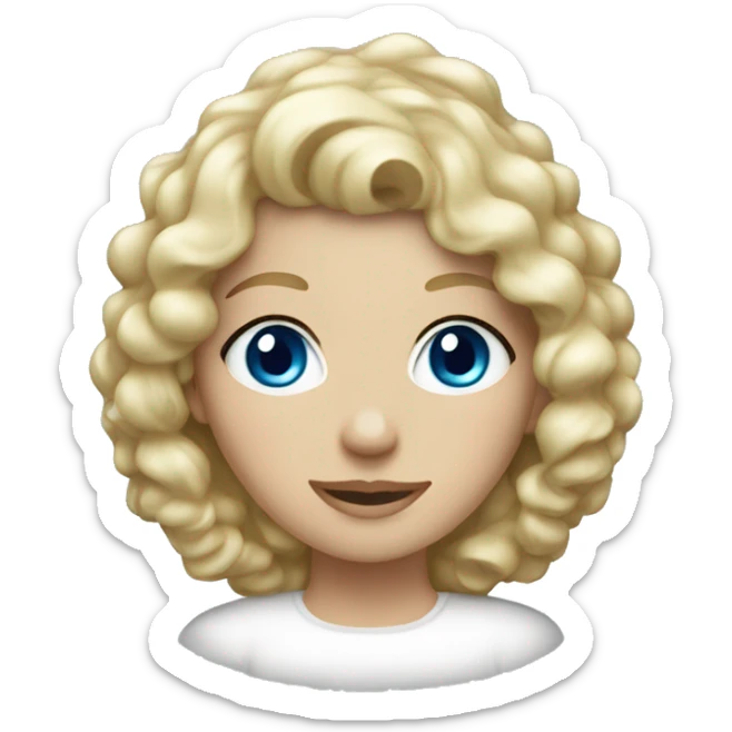 White lady with curly blonde hair and blue eyes wearing a Christmas hat sticker