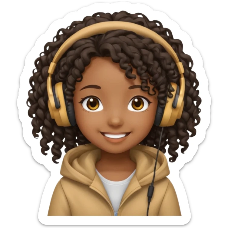 chibi anime black girl long curly hair smiling with head phones on sticker