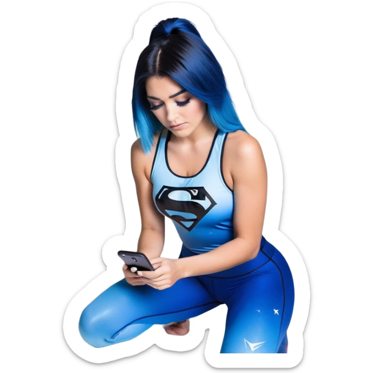Shameful-big tears-head back texting on phone-very very large upper body-sexy face-bending forward at waist-very long very straight dark blue to light blue ombre hair-and-blue eyes-thick black eyeliner-thick long eyelashes-iridescent blue lowcut tanktop with black leggings with glitter superman logo sticker