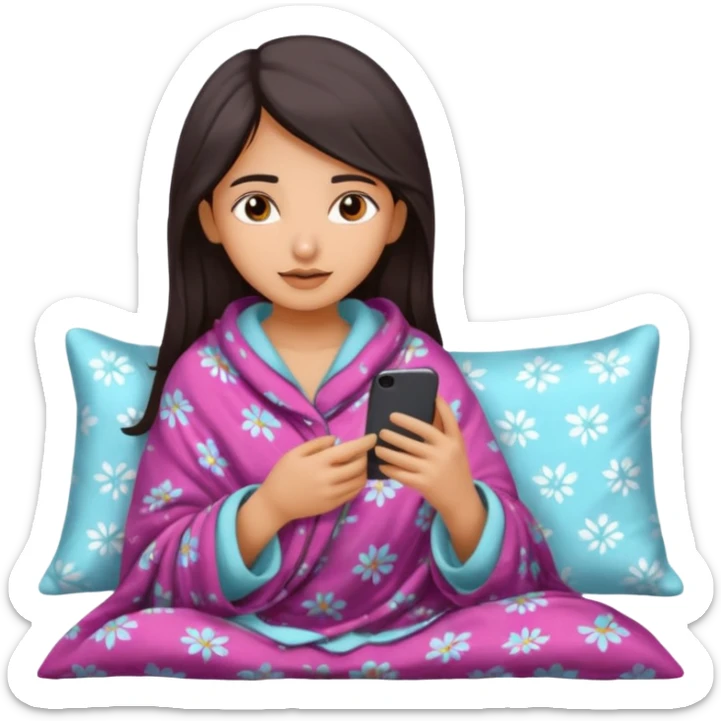 a pretty bratz fair indian girl covered in blanket, wearing pajamas, using phone sticker
