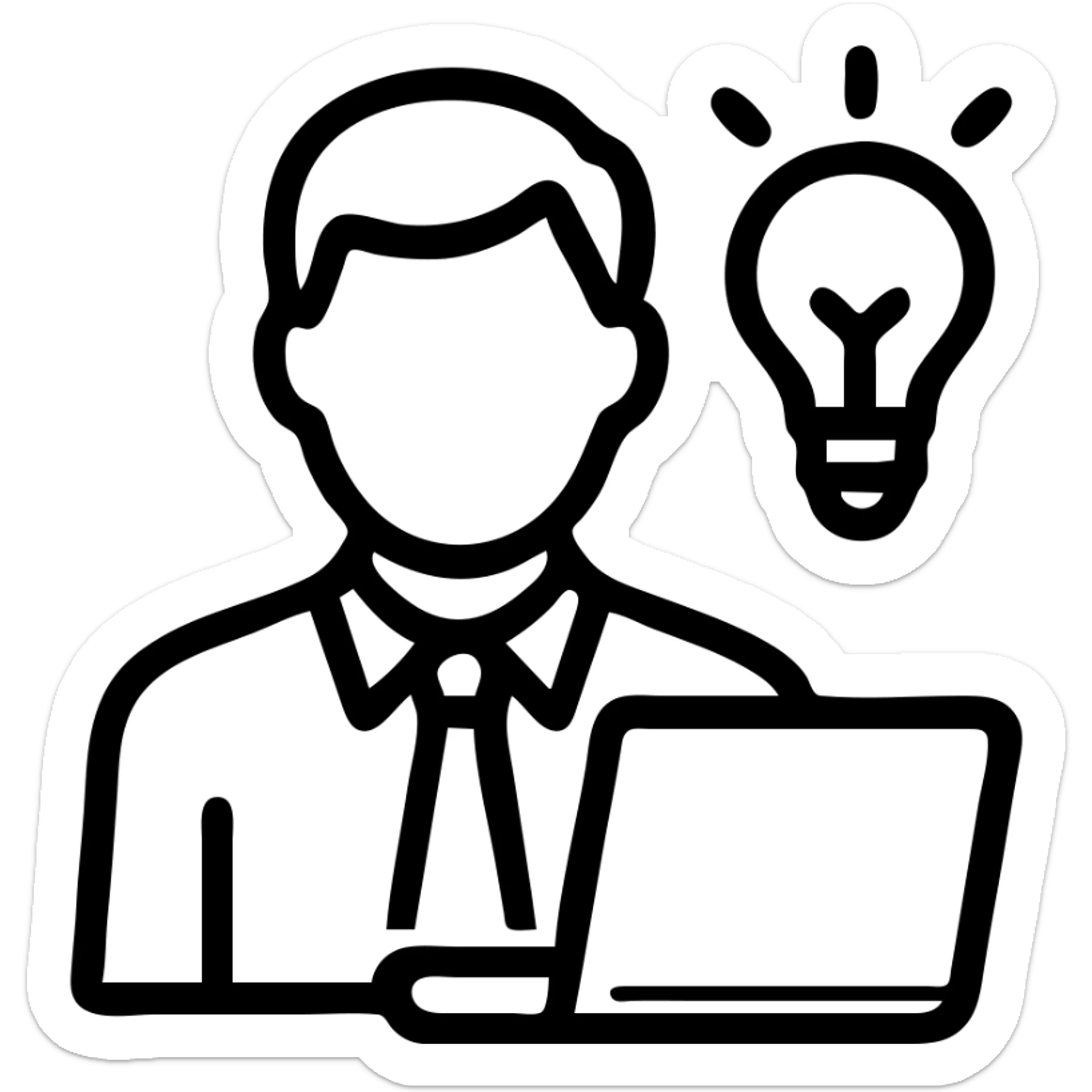outline icon of entrepreneur figure with laptop and lightbulb sticker