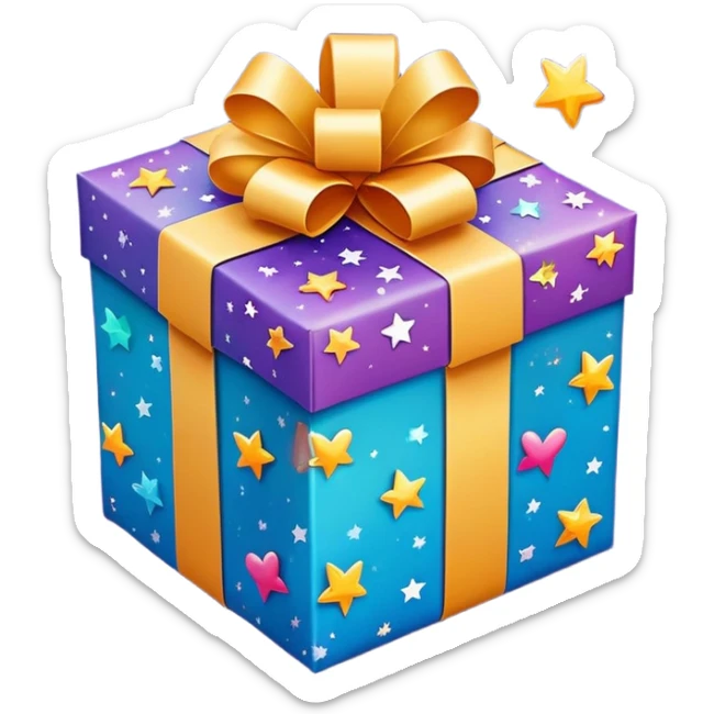 cute gift box with sparkling stars and hearts, smiling wrapping paper, vibrant colors, joyful and romantic mood sticker
