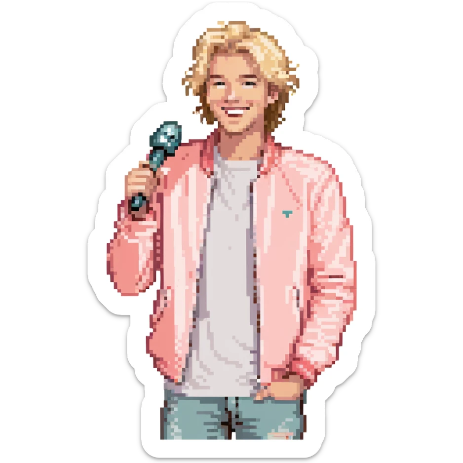 Expressive male performer, Caucasian features, tousled sandy blonde hair, lively eyes, wide cheerful smile, wearing a coral pink jacket over white tee, tossing a microphone in one hand, waist-up, front-facing sticker