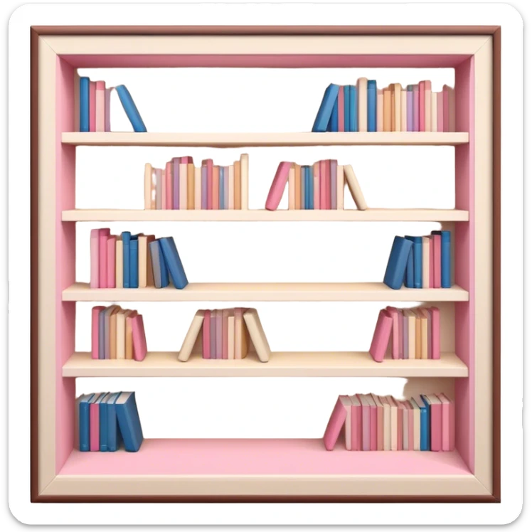 ikea bookshelf filled with beige, pink, brown and cream-colored books, isometric 3D sticker