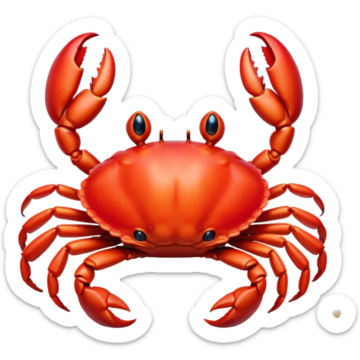 Cinematic Realistic Cute Crab Portrait Emoji, Head tilted playfully and inquisitively, featuring a compact, sturdy form with a glossy red shell uniquely forming an endearing face with bright, sparkling eyes, rendered with intricate natural textures and subtle coastal hues, high shine, affectionate and spirited, styled with a touch of seaside whimsy, soft glowing outline, capturing the essence of a mischievous yet lovable crab that seems ready to pinch playfully out of the screen into your arms! sticker