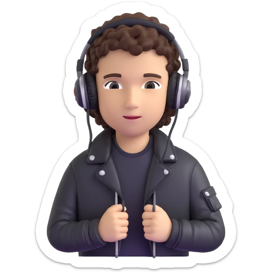 curly haired boy wearing a leather jacket and headphones music producer sticker