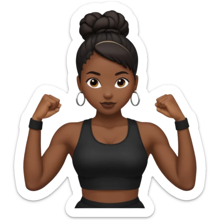 Uma mulher preta com 1 coque alto e roupa preta de academia e fazendo pose mostrando o músculo de um dos braços sticker
