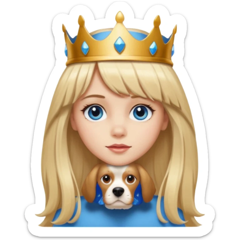 simple Blonde girl with bangs, long straight seductive hair and blue eyes, and a simple crown. giving cockerspaniel energy head only sticker