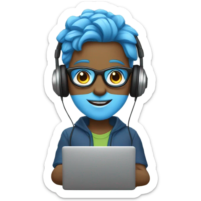 Androgynous character with blue skin, wearing glasses, holding a laptop, wearing headphones, and smiling sticker
